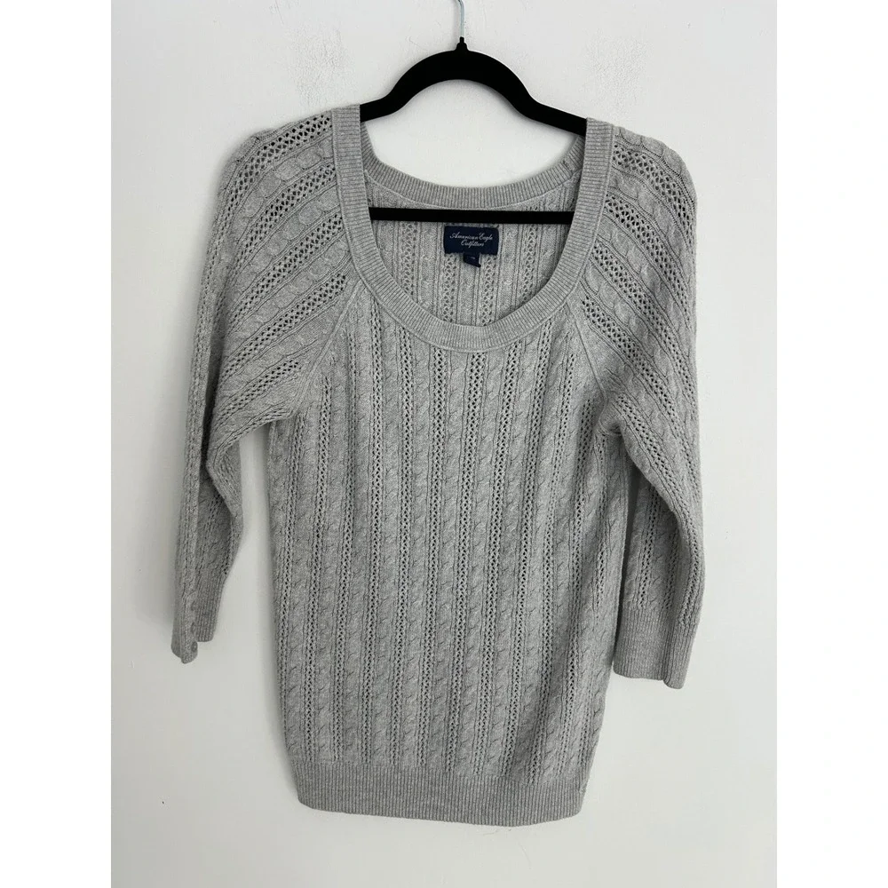 American Eagle Outfitters Gray Cable Knit Scoop Neck 3/4 Sleeve Sweater XL Soft